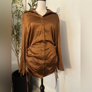 Brown Satin Button-Up Dress